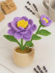 Handmade Crochet Purple Flower in Pot – Personalized Yarn Bloom Gift with Tag – Unique Gift for Mom, Grandma, Friend, or Teacher