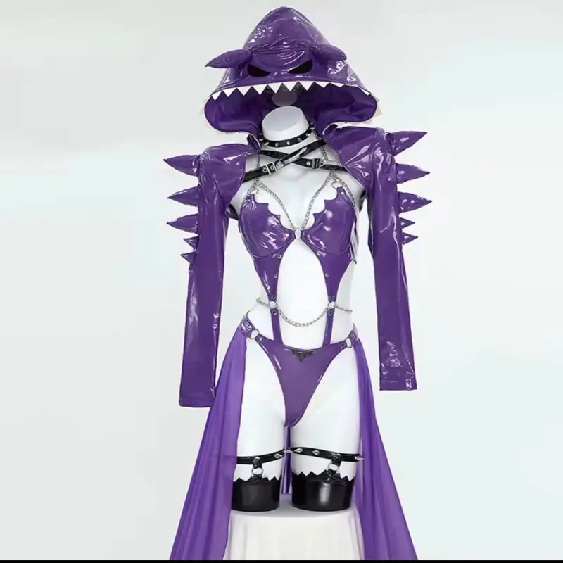 Cosplay Costume - Purple Shark Hooded Outfit with Spikes and Chain Accents for Anime Cosplay Events