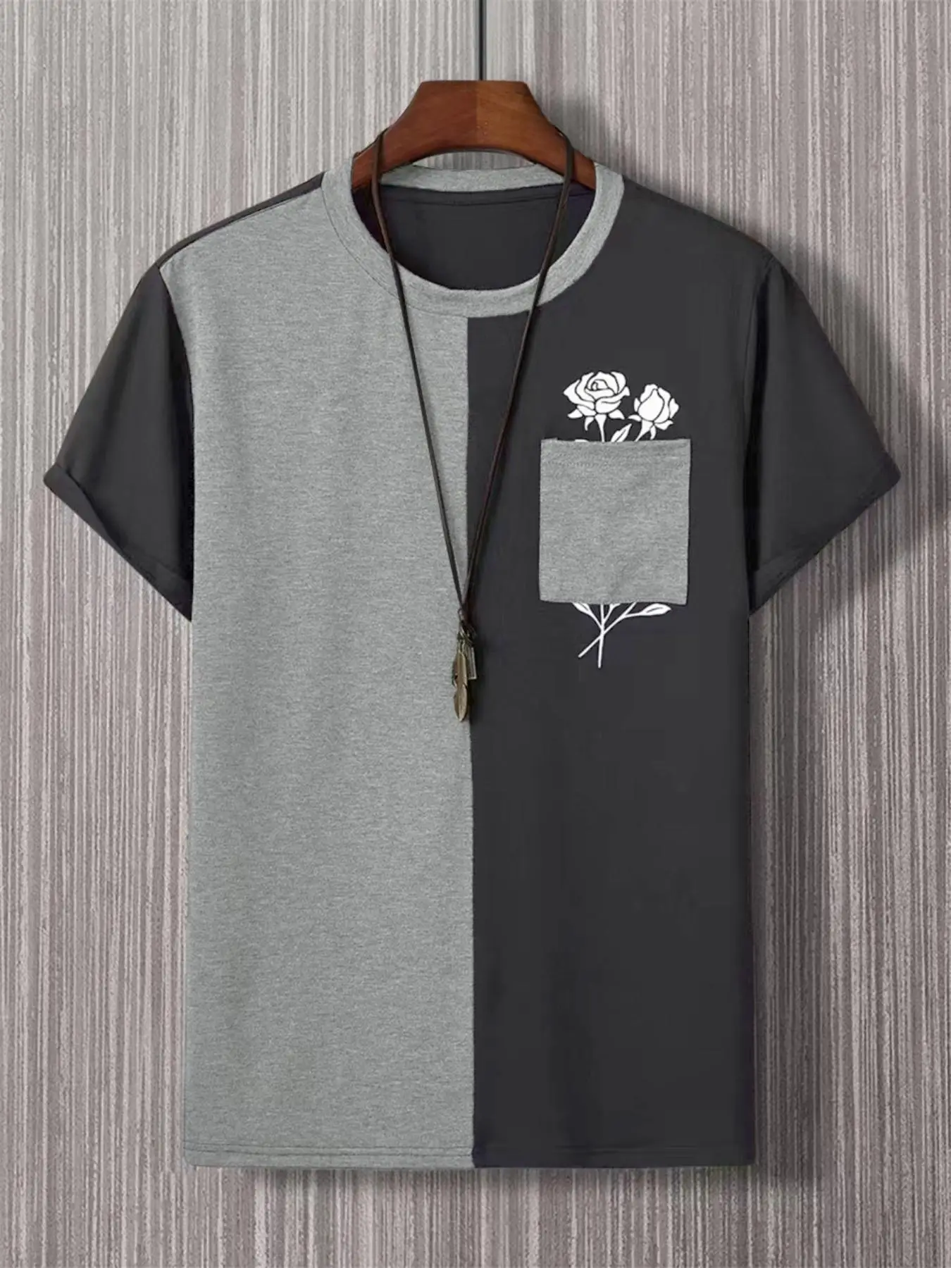 Men's Colorblock Rose Print Pocket Tee, Casual Regular Fit Short Sleeve Round Neck T-Shirt for Summer, Fashion Men's Top for Daily Wear