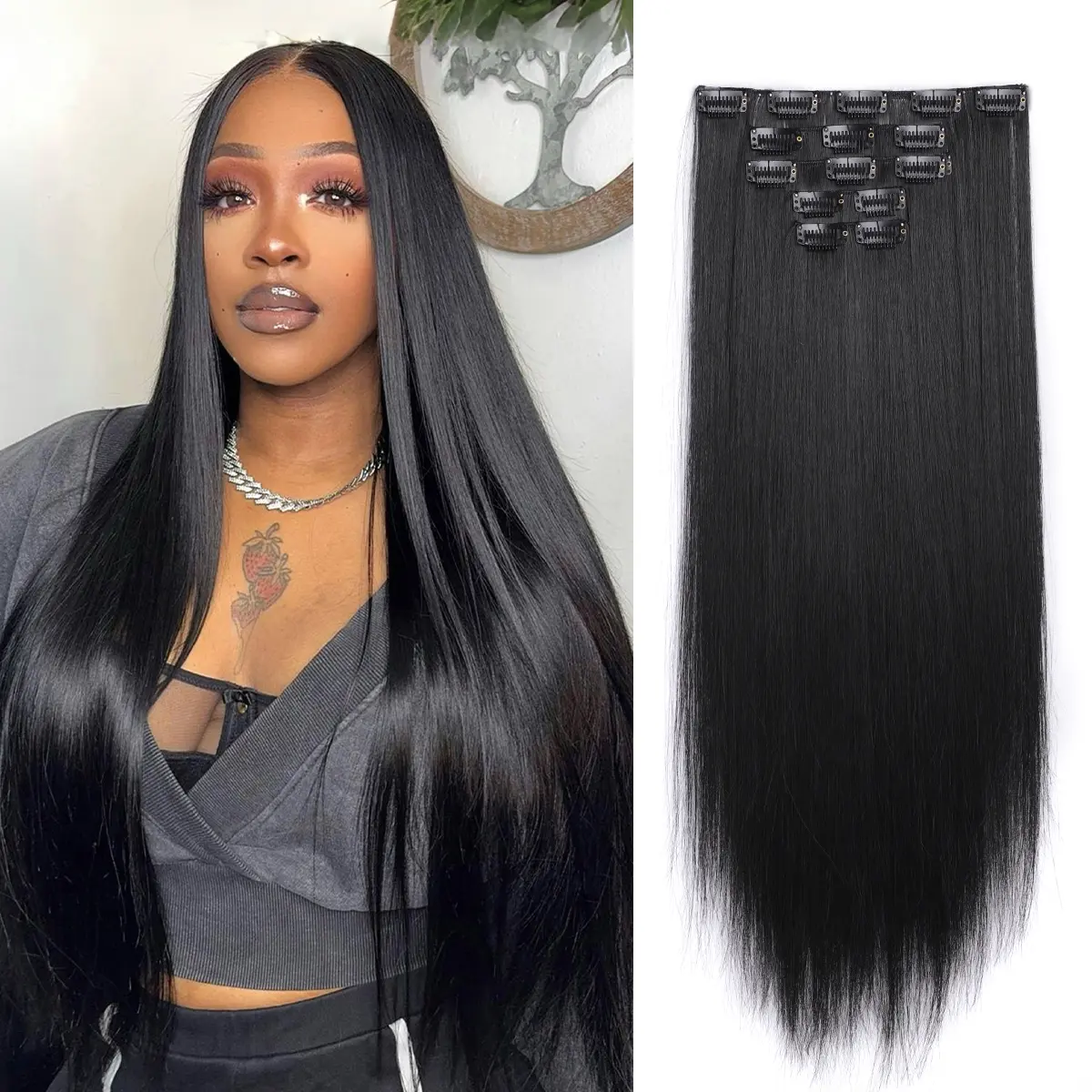 Vigorous Women's 20-Inch Invisible Straight Volumizing Synthetic Hair Extensions, 5-Piece Clip-In Hairpieces, Long Volume Synthetic Extensions & Pieces for Wedding, Daily Use, Synthetic Hair Extensions Synthetic Extensions & Pieces