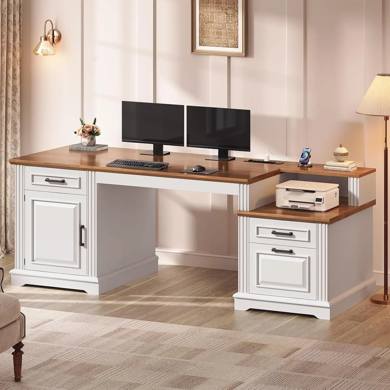 SEDETA 62 Inch Farmhouse Executive Desk Home Office Desk with 3 Drawers and Storage Cabinet Computer Desk with Power Outlet for Home Office