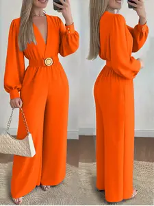 Women's V-Neck Romper, Elegant Office Style, Lantern Long Sleeve, Waist Belt, Wide Leg Pants, Comfortable Fabric, Seasonal Wear, Professional