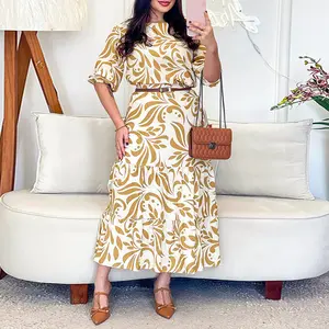 ChicMe Women's 2 Pieces Outfit Floral Print Puff Sleeve Valentine's Day Crop Top and Casual High Waist Ruffles Midi Skirt Set（Without Belt）for Wedding & Wedding Guest