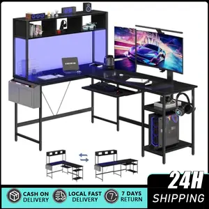 67 In L-Shaped Corner Gaming Desk - Reversible Home Office Writing Desk with Power Outlets, LED Lights, Monitor Stand & Mount, Storage Shelf, Storage Bag, Fits Monitors for Gaming
