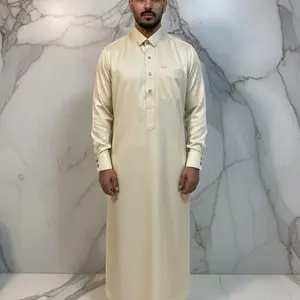 Men's Qatri Style Golden Color Traditional Thobe with Button Closure and Pocket Design Menswear