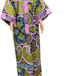 Vibrant Green & Pink African Print Kaftan Dress with Ruffled Sleeves and Detailed Embroidery