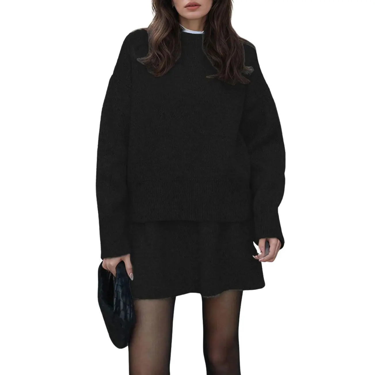 CHOUYATOU Women's 2 Piece Casual Sweater Set - Long Sleeve Round Neck Knitted Pullover and High Waist A-Line Mini Skirt