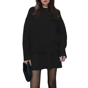 Chouyatou women's autumn and winter sweater short skirt set, loose fitting pullover knitted sweater A-line mini skirt 2-piece set