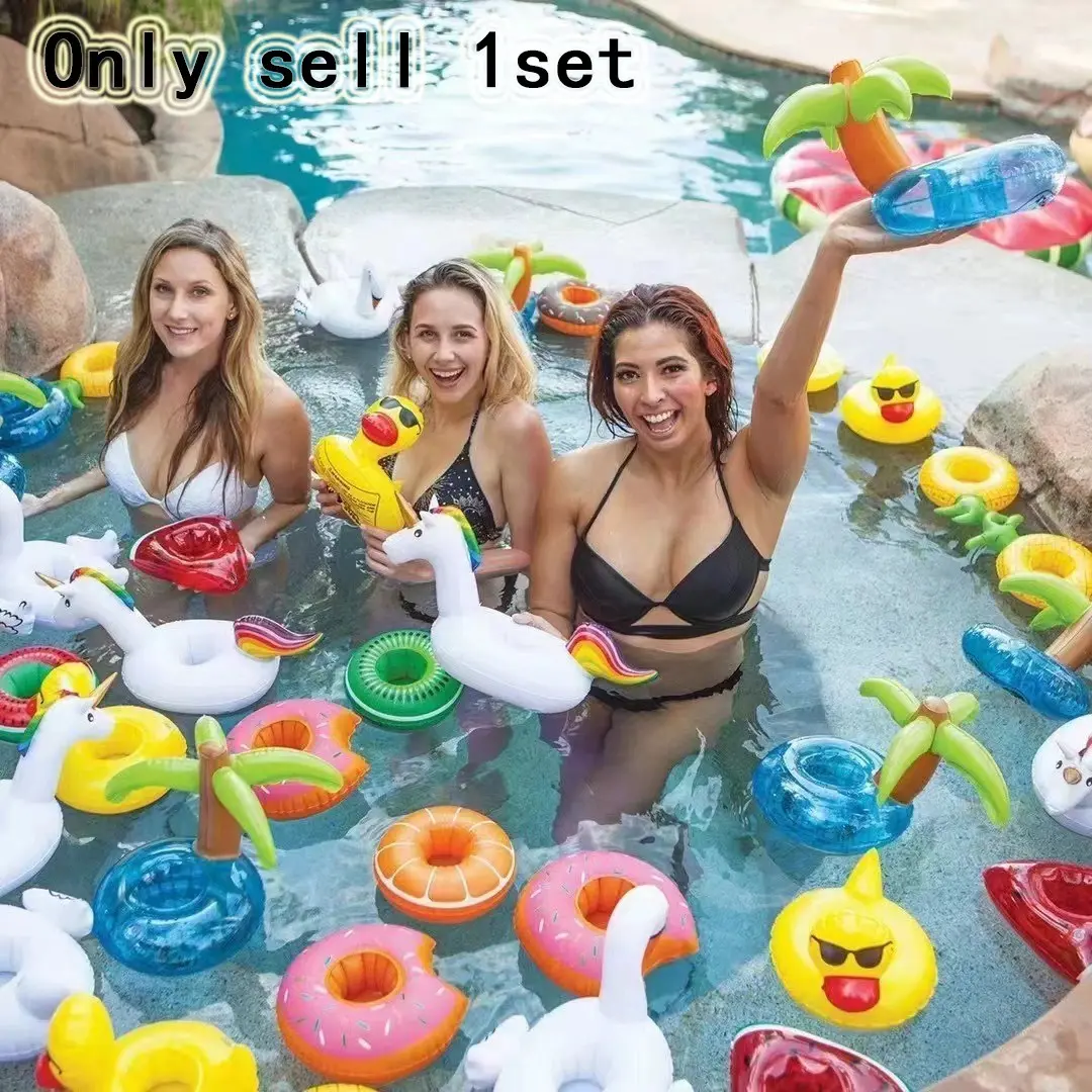 1 Set Summer Party Inflatable Props - Flamingo, Donut, Lemon, Watermelon, Pineapple, Crab, Heart-Shaped Cup Holder Inflatable Water Cup Mat, Flamingo Pool Float