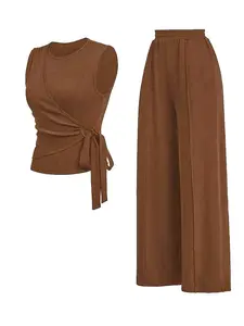 Ladies Solid Brown Round Neck Sleeveless Top & Regular Fit Pants 2pcs 100% Polyester Spring Summer Women's Wear Bow Detail Machine Washable