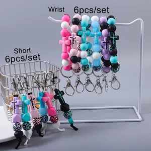 6pieces Of Leopard Print Wooden Beads, Monochrome Silicone Beads Mixed With Bead Beads, Wrist Keychains, Cross Shaped Silicone Keychains, Backpack Accessories, Gifts