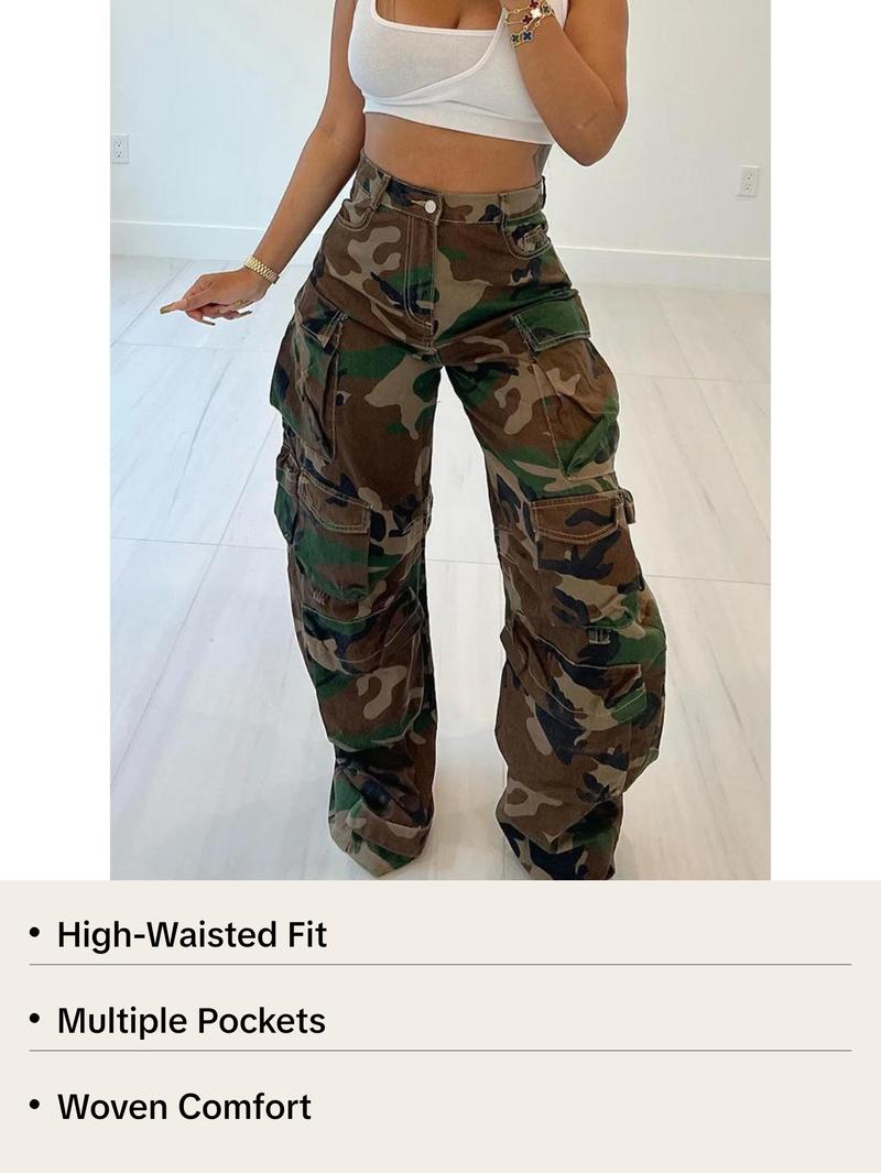 Army Camouflage Cargo Pants for Women with Pockets, High Waist and Woven Fabric - Cotton Army Camouflage Cargo Pants for Women with Pockets, High Waist and Woven Fabric - Cotton