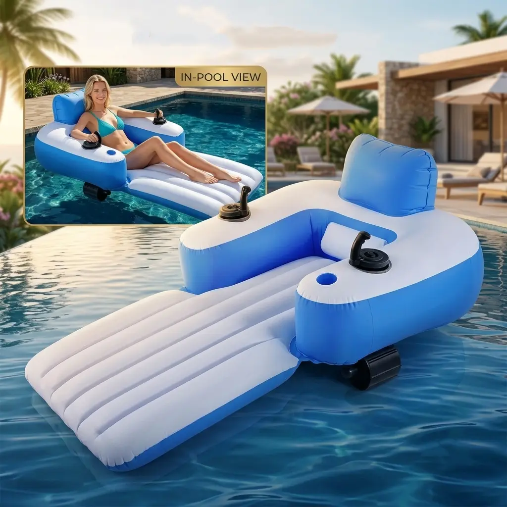 Motorized Inflatable Water Float Chair Adult Propeller-Driven Pool Lounger with Joystick Cup Holder & Backrest for Lake Beach Summer Fun