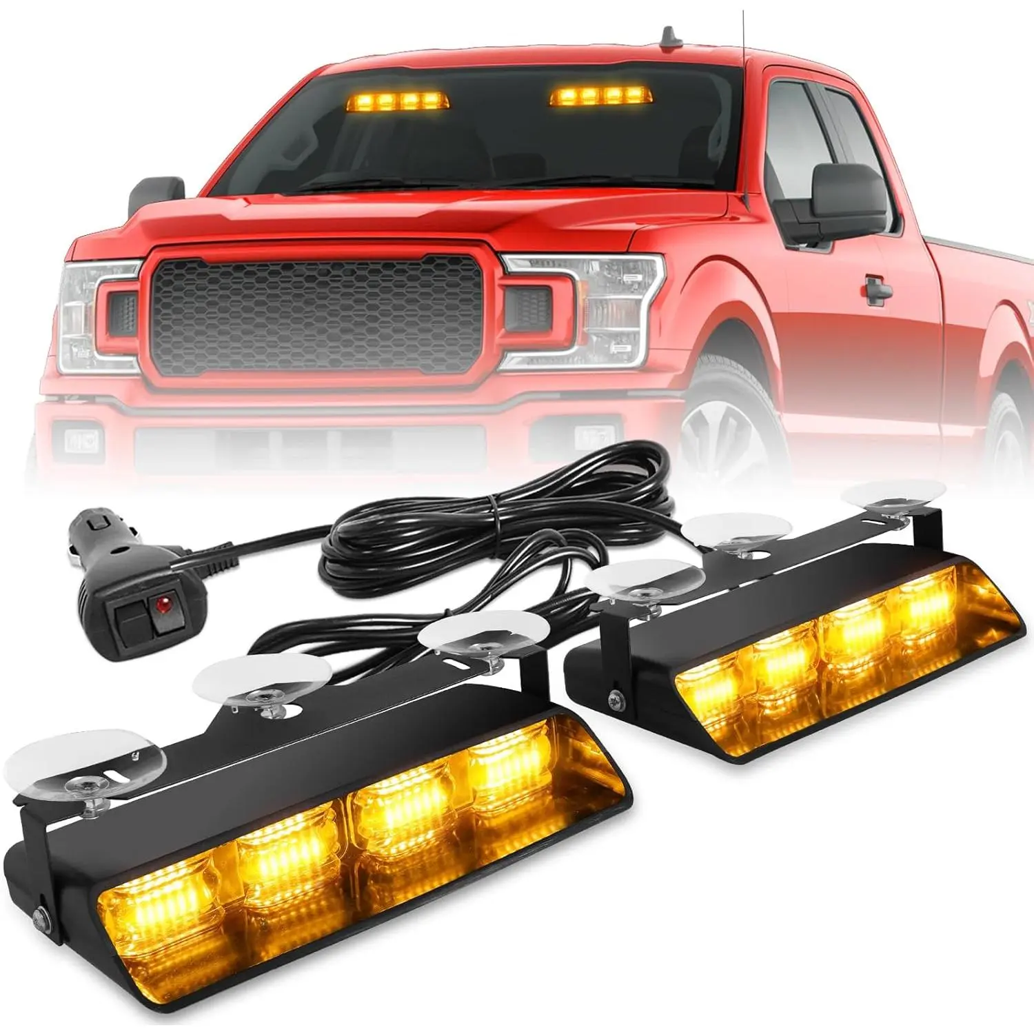 Emergency warning light: Amber safety light, flashing warning hazard windshield sun visor traffic light strip, suitable for trucks, construction vehicles ( 2x8.5inch ,48LED)