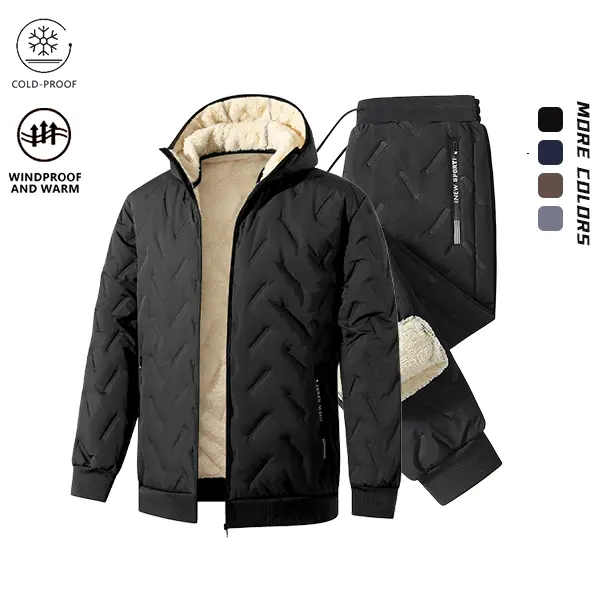 Men's 2-Piece Fleece-Lined Quilted Tracksuit Set - Long Sleeve Hooded Jacket & Fitted Jogger Pants, Thermal Athletic Casual Cold-Proof Windproof Winter Outfit (4 Color Options)