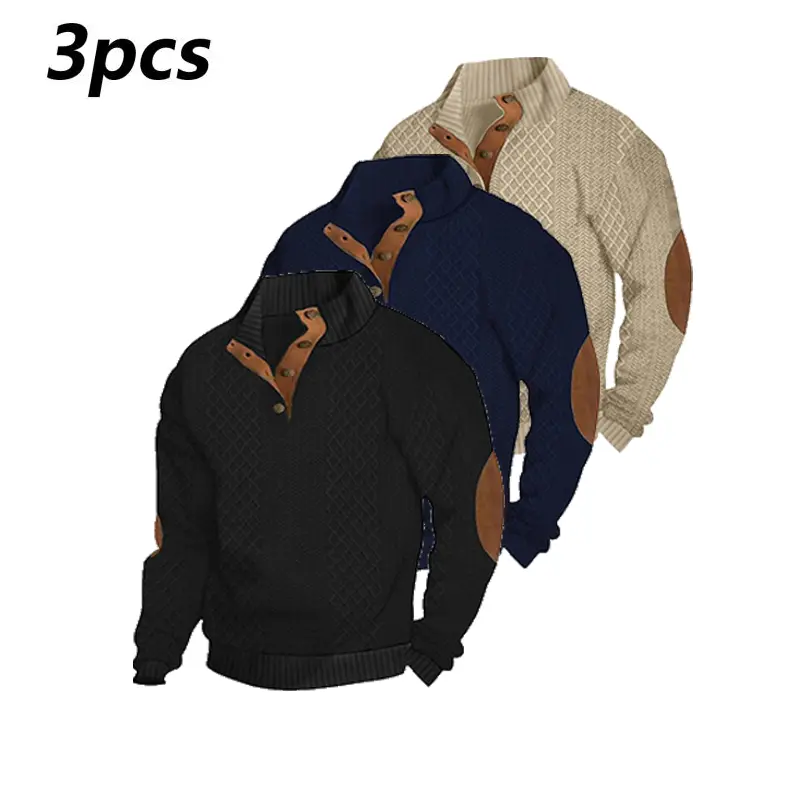 Men’s 3-Piece Fall Winter Long Sleeve Knit Sweater Set - Stand Collar, Button Placket, Medium Elasticity, Soft Comfy Texture - Stylish Menswear Layered Casual Must-Haves | Polyester Classic Fabric Warm Tops