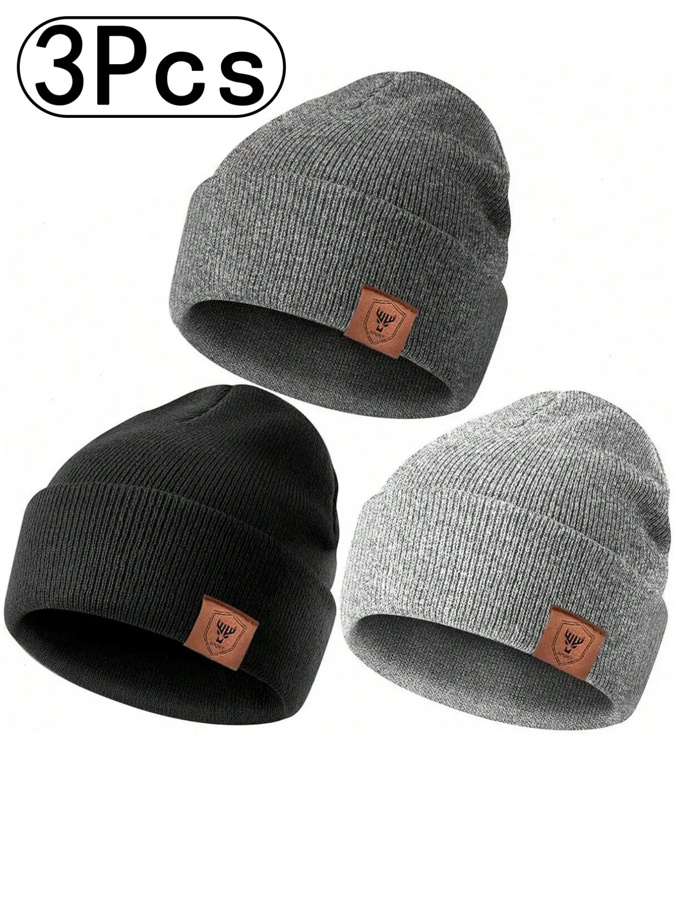 3Pcs-Pure Color Fall & Winter Knitted Hat, Beanie Fitted, Casual Fitted Design, Warm Windproof Ear Protection, Unisex Outdoor Use, Plain Style