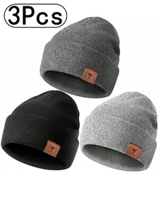 3Pcs-Pure Color Fall & Winter Knit Hat, Beanie Fitted, Casual Fitted Design, Warm Windproof Ear Protection, Unisex Outdoor Use, Plain Style