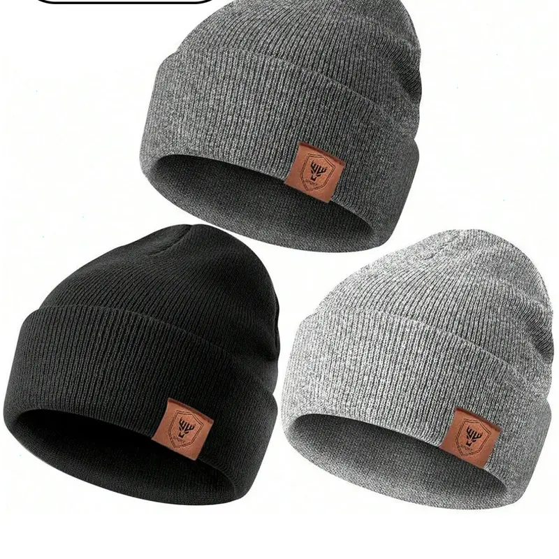 3Pcs-Pure Color Fall & Winter Knitted Hat, Beanies, Beanie Fitted, Casual Fitted Design, Warm Windproof Ear Protection, Unisex Outdoor Use, Plain Style