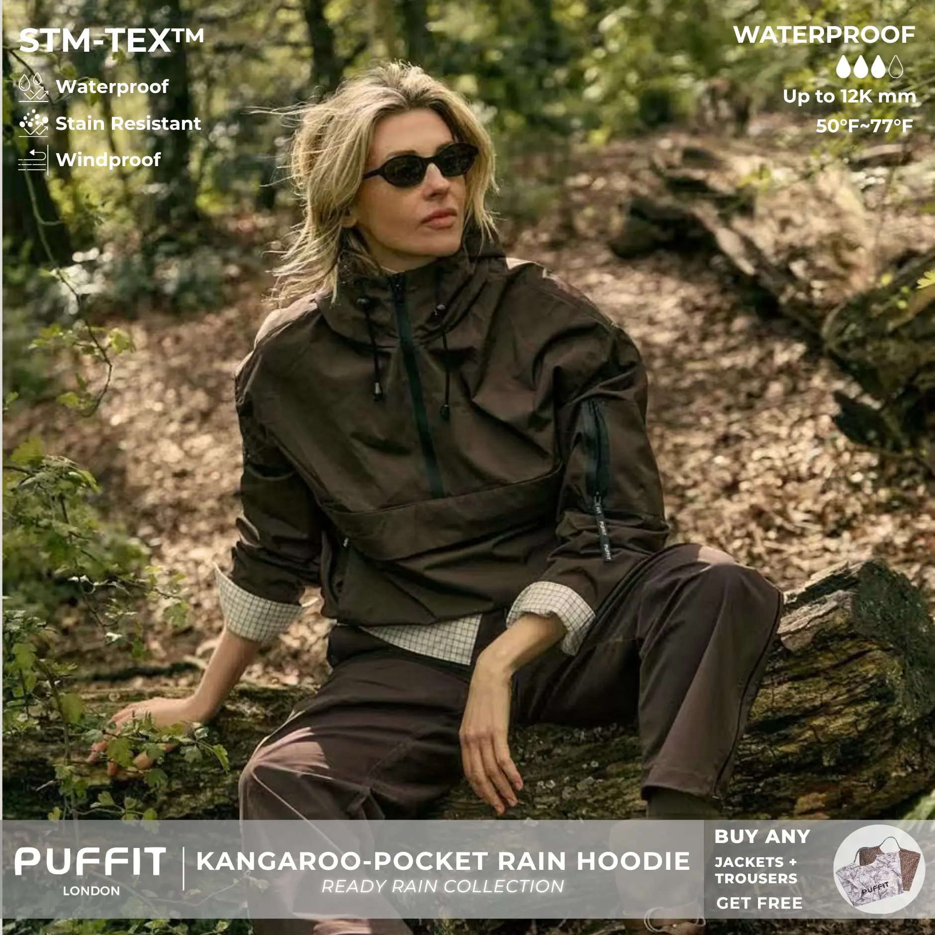【Restocked】PUFFIT STM-TEX Waterproof Relaxed Fit Hoodie Coat Warm Half Zip Rain Jacket With Adjustable Waist,Hood & Cuffs,Large Kangaroo Pocket,Shell Jacket,Ski Jacket,Windbreaker,Fall&Winter Jacket ,Dog Walking,School Running,Womenswear,2026 Shopping