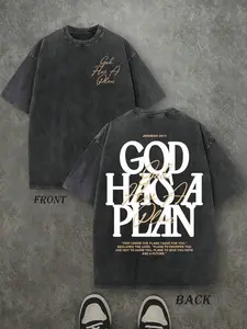 valentine shirts Retro Washed T-Shirt Double Sided Printed (230 Pure Cotton T-Shirt) 'GOD HAS A PLAN'  Letter Print, Men's T-Shirt, Men's Casual, Comfortable, Fashionable T-Shirt, Street Style Cotton Distressed Festive