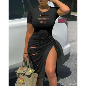 Ladder Cut Out Hollow Out Ruched Slit Bodycon Dress for Women Side Slit Drawstring Club Party Short Sleeve Midi Dresses Fabric Formal