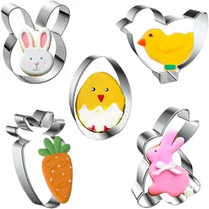 Easter Cookie Cutters, 5 count Chick Carrot Egg Bunny Rabbite Shapes Metal Cookie Cutters Stainless Steel Sets Holiday Themed Baking Kit