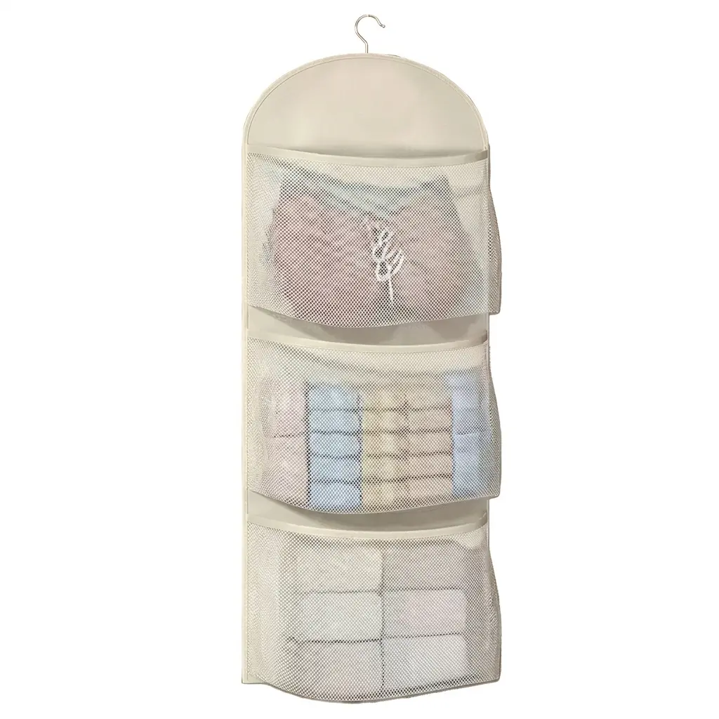 1 Piece Hanging Mesh Storage Bag, 3 Pockets Breathable Organizer with Metal Hook for Wardrobe Underwear Socks Small Clothes Storage