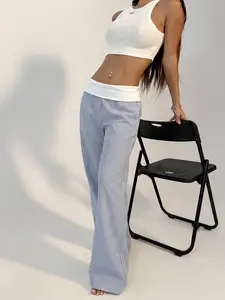 Women's Striped Fold-Over Waist Wide Leg Pants 2026 Casual Streetwear Summer Daily Trendy Going Out Stylish Viral TikTok Fashion Essential