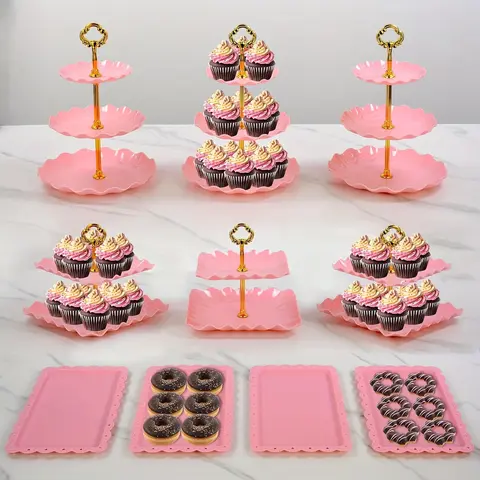 Sebastian CADIA 10pc Plastic Cupcake Display Set - 3 Double-Tier (2-Layer), 3 Triple-Tier Plastic Cake Stands, 4 Appetizer Trays, 9.6 Inches Diameter Pink Dessert Stand for Birthday Party, Wedding Supplies