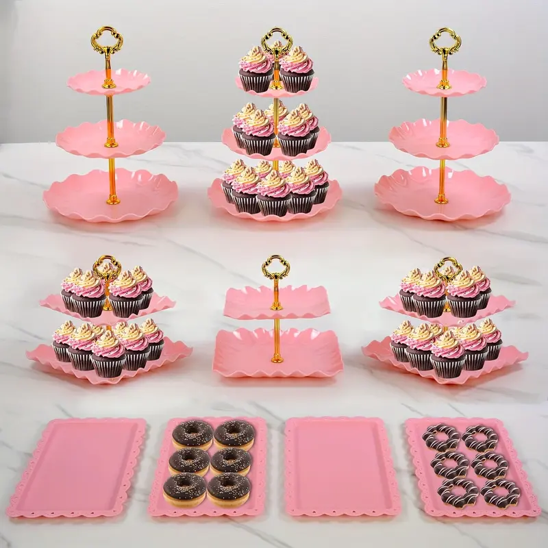 Sebastian CADIA 10pc Plastic Cupcake Display Set - 3 Double-Tier (2-Layer), 3 Triple-Tier Plastic Cake Stands, 4 Appetizer Trays, 9.6 Inches Diameter Pink Dessert Stand for Birthday Party, Wedding Supplies