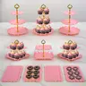 Sebastian CADIA 10pc Plastic Cupcake Display Set - 3 Double-Tier (2-Layer), 3 Triple-Tier Plastic Cake Stands, 4 Appetizer Trays, 9.6 Inches Diameter Pink Dessert Stand for Birthday Party, Wedding Supplies
