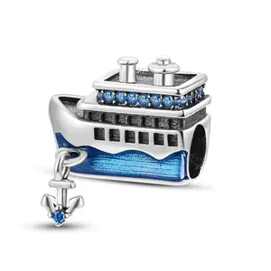MULA 925 Silver Plated Cruise Ship Beaded Charm | Nautical Adventure Jewelry | Blue Zircon and Hand-Painted Enamel | Suitable for Pandora Bracelets and Necklaces | Perfect Gift for Travelers and Ocean Lovers