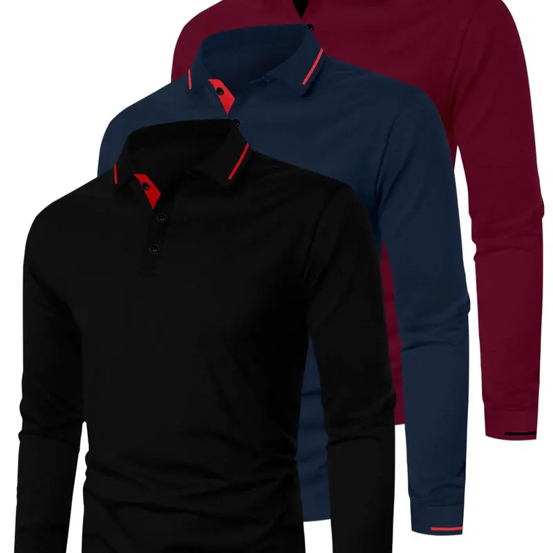 Men's Colorblock Long Sleeve Knitted Polo Shirt, Regular Fit Casual Fashion Comfy Top for Spring & Fall, Men's Clothes for Daily Wear, Longsleeves, Menswear