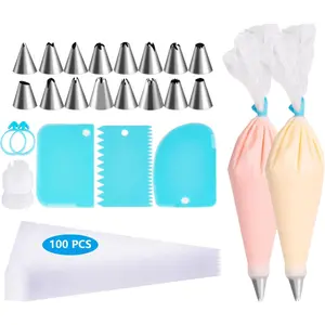 Piping Bags and Tips Set, 100 count Pastry Bags Cakes Decorating Supplies Kit, 3 Cake Scraper, 2 Couplers, 16 Piping Tips, 2 Bag Ties (12 INCH)