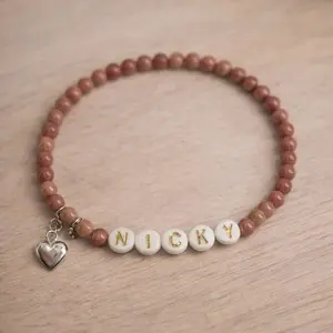 Personalized Sterling Silver and Rhodonite Bracelet with Heart Charm