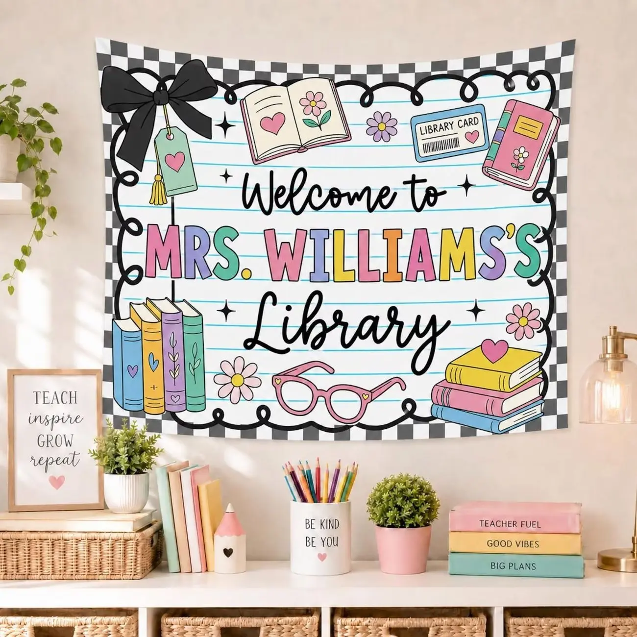 Personalized Library Tapestry: Teacher Name Wall Banner, Gingham Classroom Decor