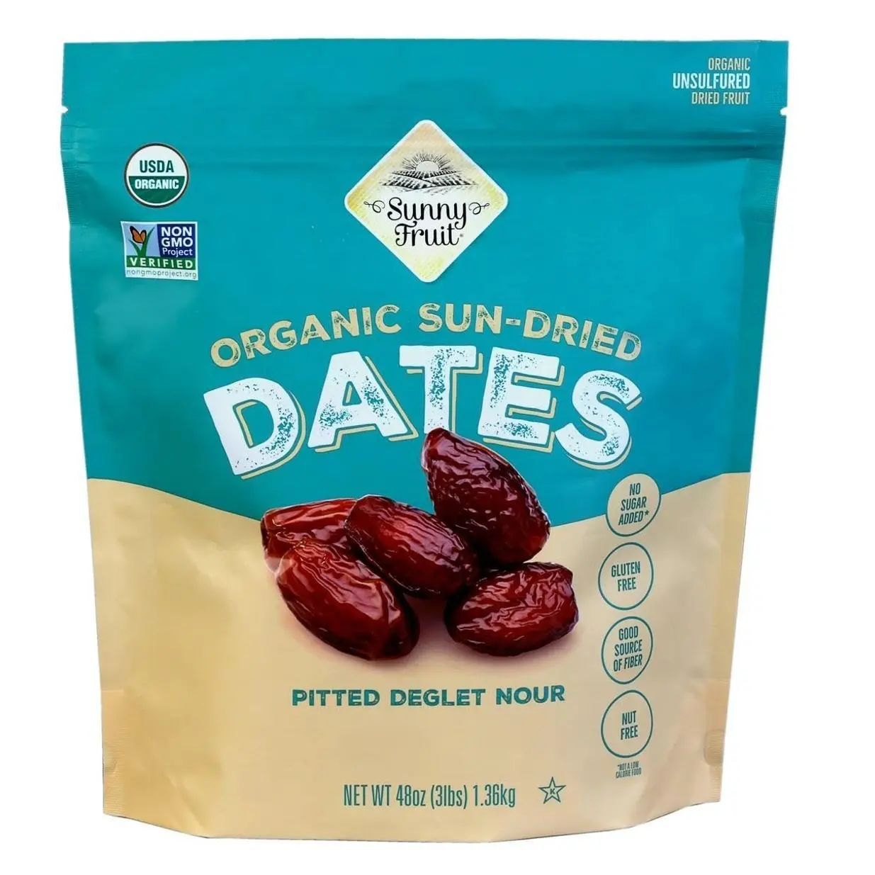 ORGANIC Pitted Dates (Deglet Nour) - Sunny Fruit 48oz Bulk Bag (3 lbs) | NO Added Sugars, Sulfurs or Preservatives | NON-GMO, VEGAN, HALAL & KOSHER
