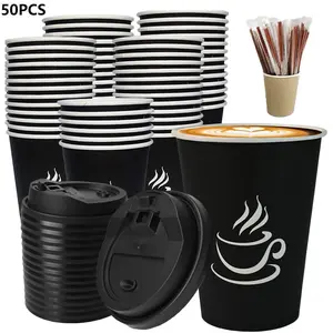 50 Pack 16 Oz Disposable Black Coffee Cups with Lids & Straws Leakproof Heavy-Duty Paper Cups for Home Office Daily Use & Parties Safe Premium Material Spill-Resistant Food-Grade Plastic Lid & Matching Straw Set