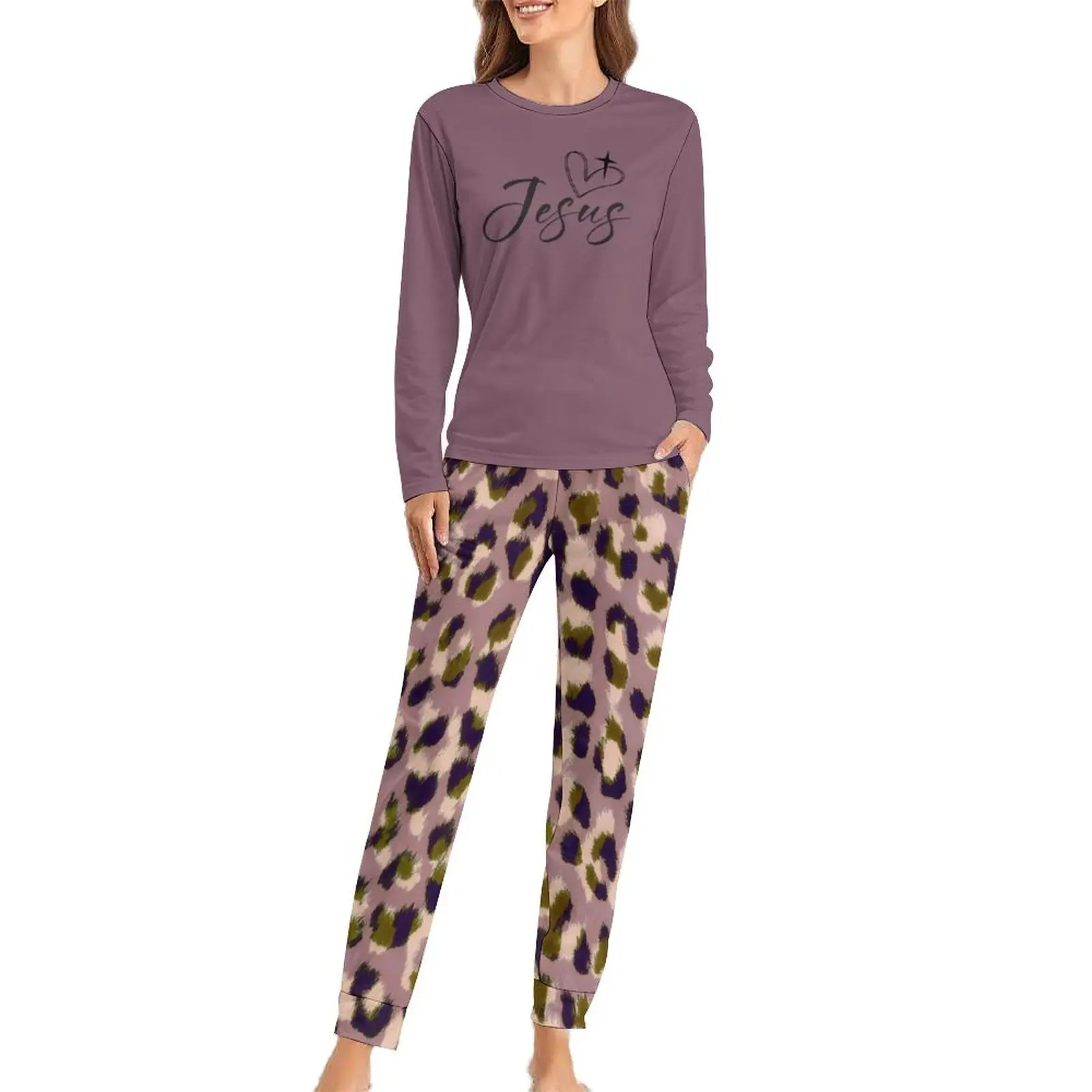 Cross In Heart Patterned Christian Women's Christian 2 Piece Pajama Set