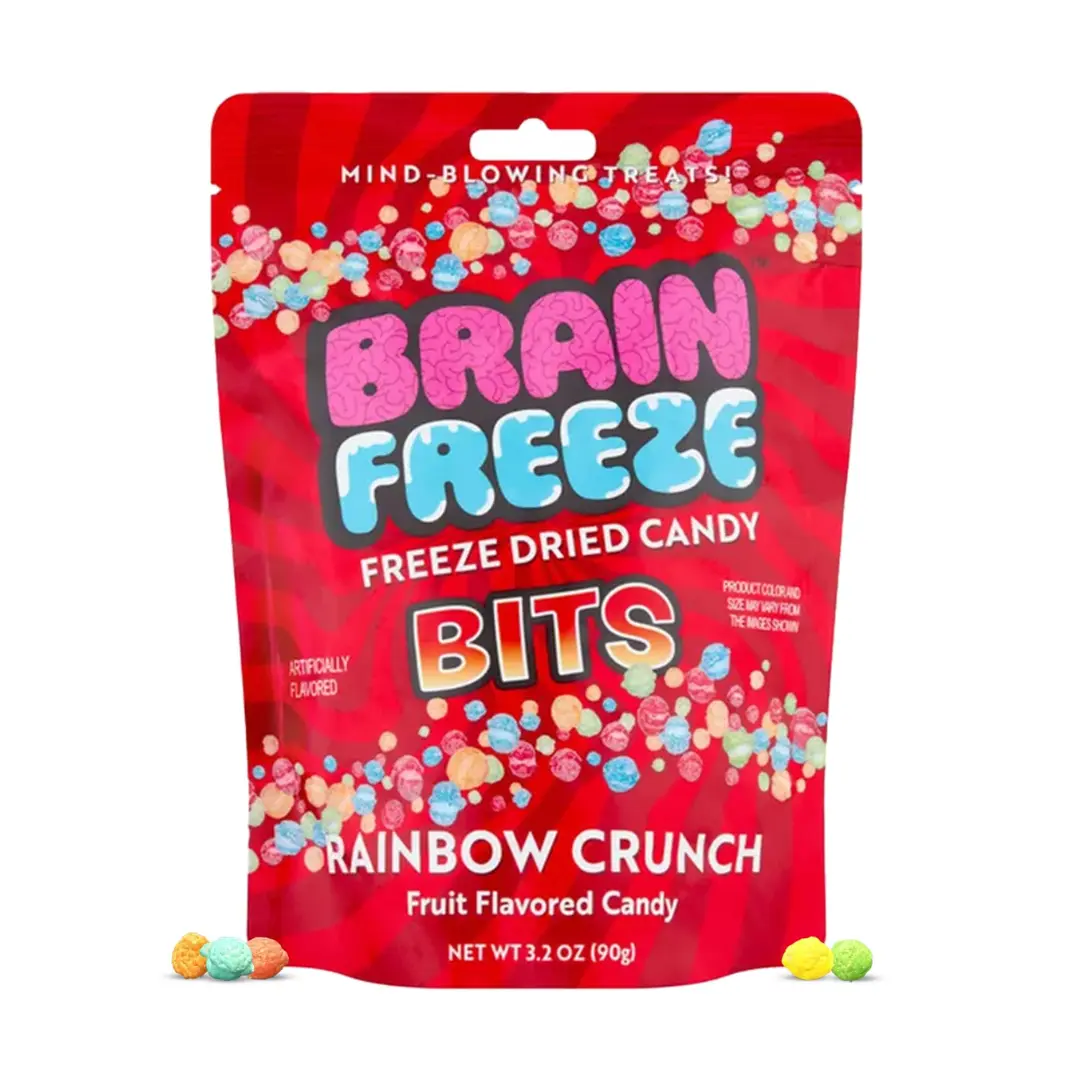 Brain Freeze Rainbow Crunch Freeze Dried Candy Bits - 3.2 oz Bag (Pack of 1) - Sweet and Sour, Crunchy, Fruit Flavored Hard Candy - Perfect for Parties, Road Trips, Favors, Movie Nights & Snacks