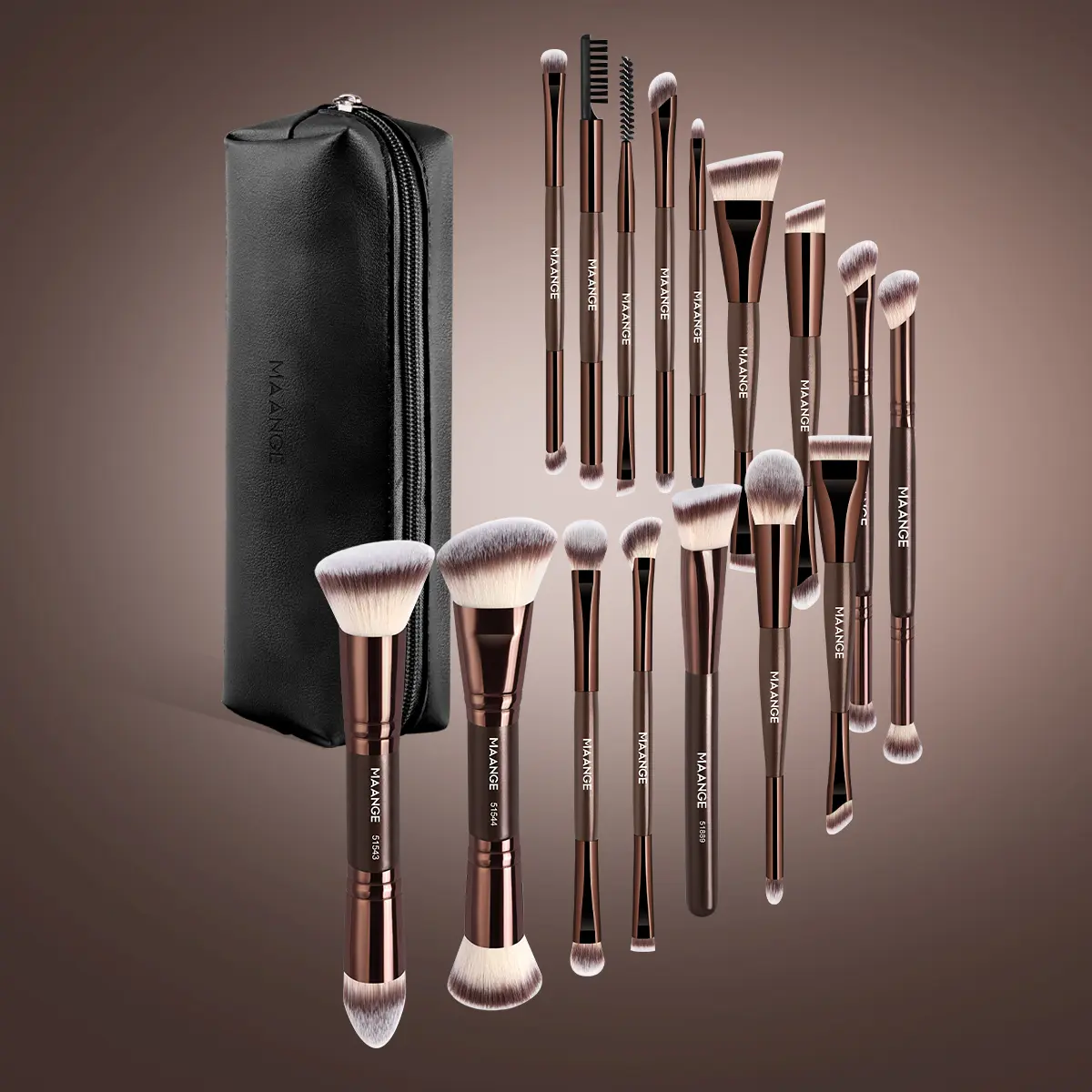 MAANGE 16-Piece Beauty Tools Kit, Brown Face Makeup Brushes for Foundation, Powder & Eyeshadow Application, Beginner-Friendly with Travel Toiletry Bag (Brush Included), 16Pcs Brushes - Brown