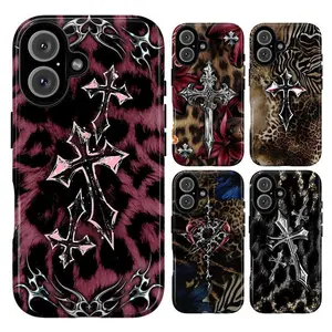 Gothic Animal Print Leopard Zebra Metallic Cross Heavy Duty Tough Phone Case Shockproof Drop Protection Durable Hard Cover Edgy Gift for iPhone 11 12 13 14 15 16 17 Pro Max Plus