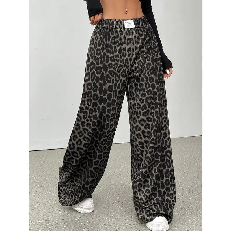 Women's Y2K Cheetah Wide Leg Sweatpants Elastic Waist Sports Pants Casual Long Trousers