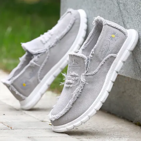 Rain Core Women's Frayed Canvas Slip-On Sneakers - Chic, Comfy Daily Casual Shoes for Women, Breathable Slip-Ons with Daisy Embroidery, Round Toe, Lightweight Sole