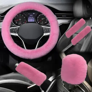 5PCS Fluffy Car Steering Wheel Cover Set, Includes Faux Fur Gear Shift Cover & Handbrake Cover & Steering Wheel Protector & 2 Seat Belt Shoulder Pads, Winter Fuzzy Warm Car Accessories (Pink)