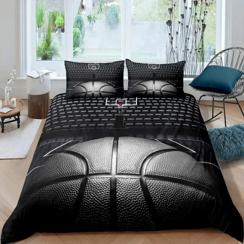 Basketball Duvet Cover Set Black 3D Ball Sports Theme Bedding Set Microfiber Basketball Court Competitive Games King Quilt Cover