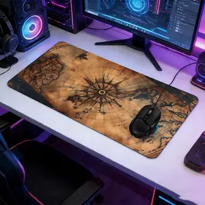 Antique Old World Map with Compass Rose Large Gaming Mouse Pad, Non-Slip Rubber Base with Reinforced Stitched Edge, Retro Nautical Cartography Design, Durable Desk Mat for Gaming & Office, Great Gift for Geography & Travel Enthusiasts