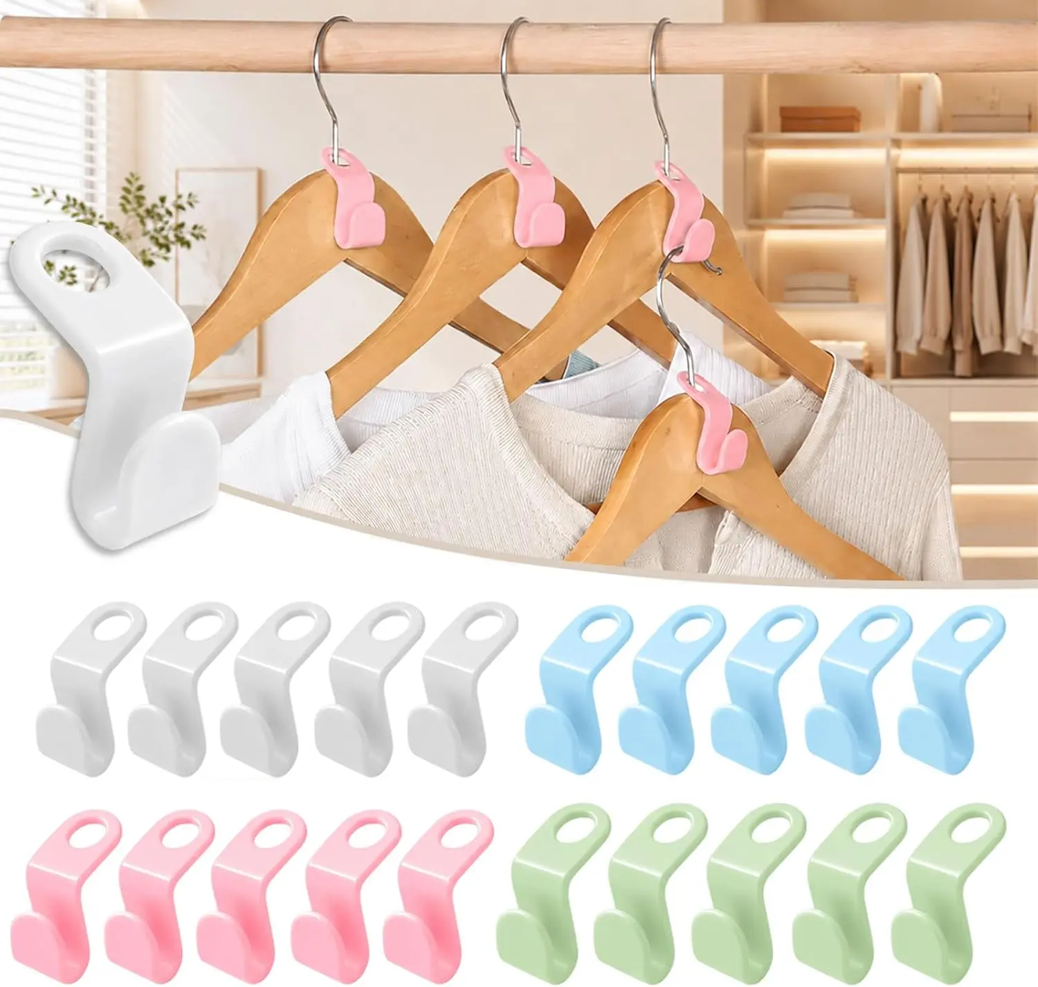 50/100PCS Space Saving Hanger Connector Hooks - Clothes Connector Hooks, Stacking Space Saver, Plastic Closet Organizers and Storage Extender for Heavy Duty Cascading Connection (20 Pcs Multicolor)