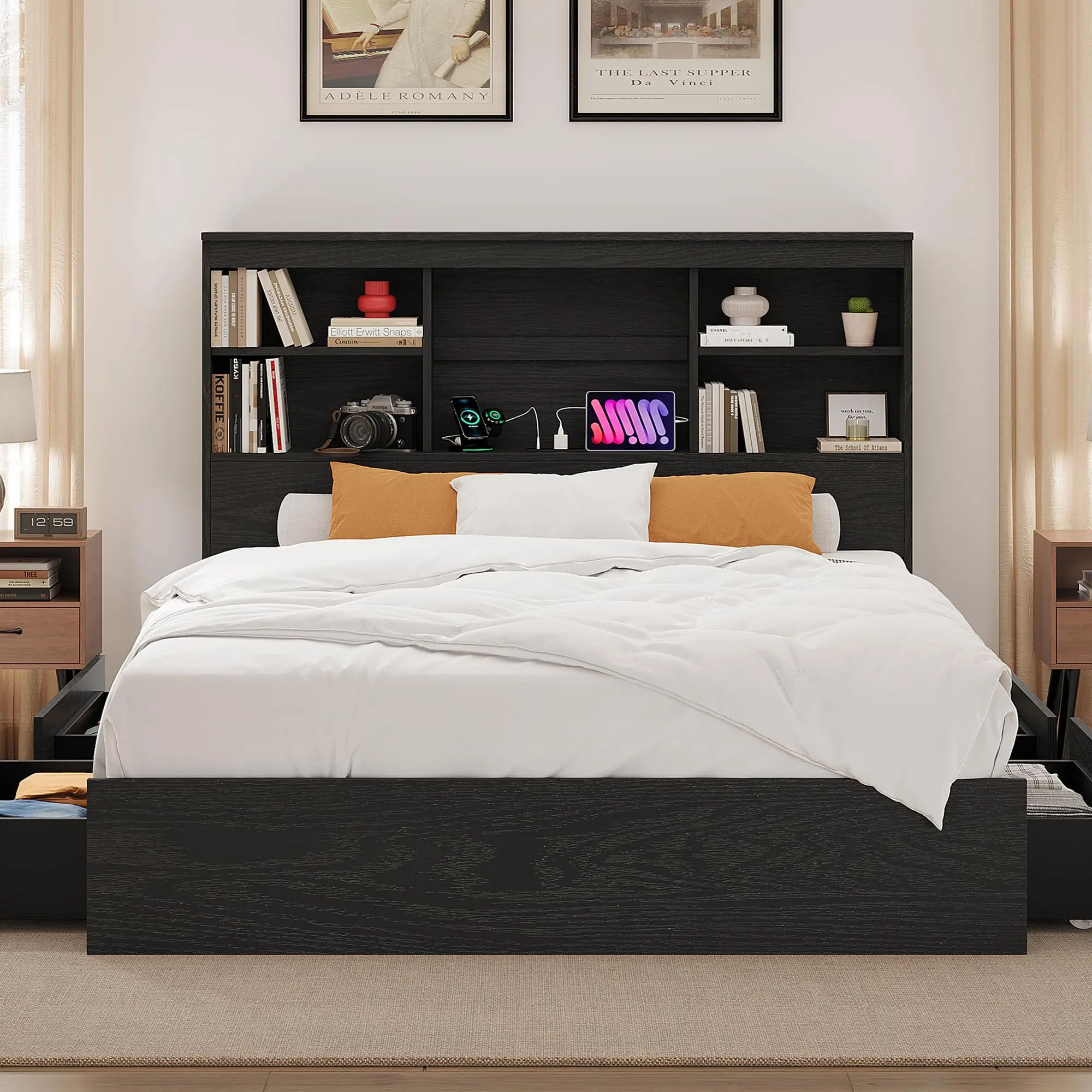 Garvee Full Bed Frame with Storage Headboard, Wooden Bed Frame with Charging Station, Storage Bookcase & Full Size Platform Bed with 4 Drawers, No Box Spring Needed, Noise-Free, Vintage Black